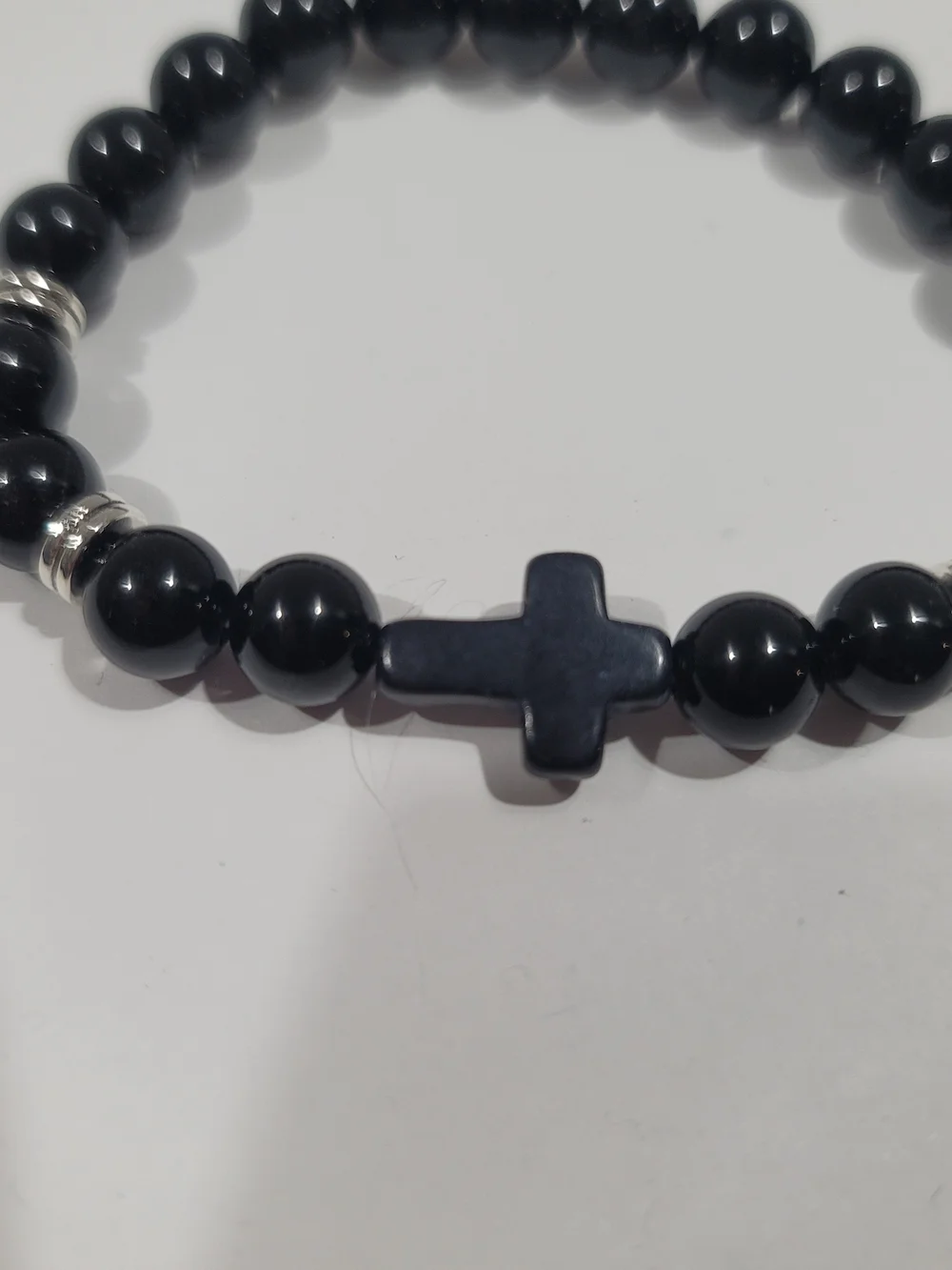 Black Beaded Cross Stretch Bracelet - Mens / Women Accessory